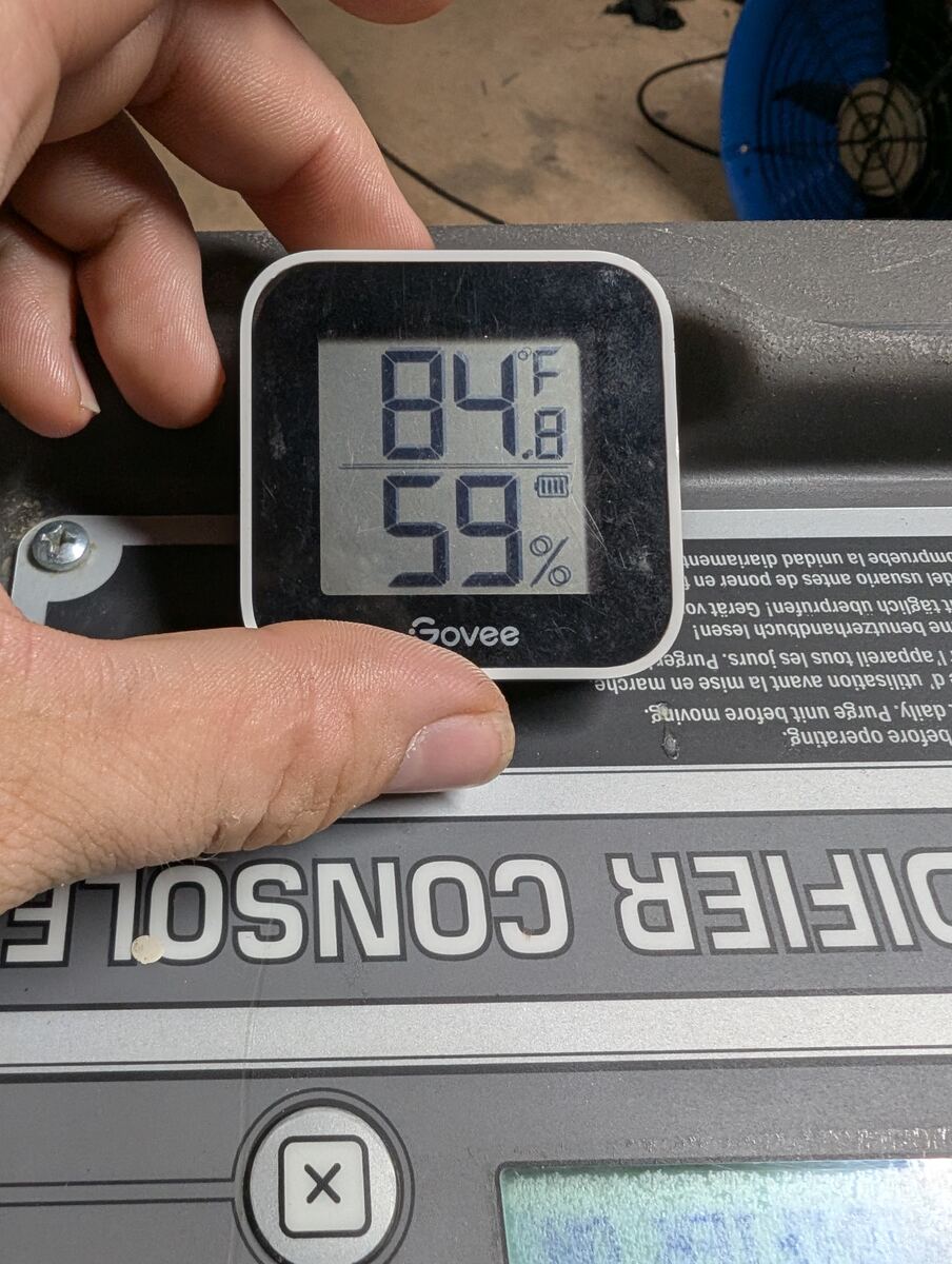 Hygrometer reading 59 percent humidity after half a day of drying with the rental dehumidifier